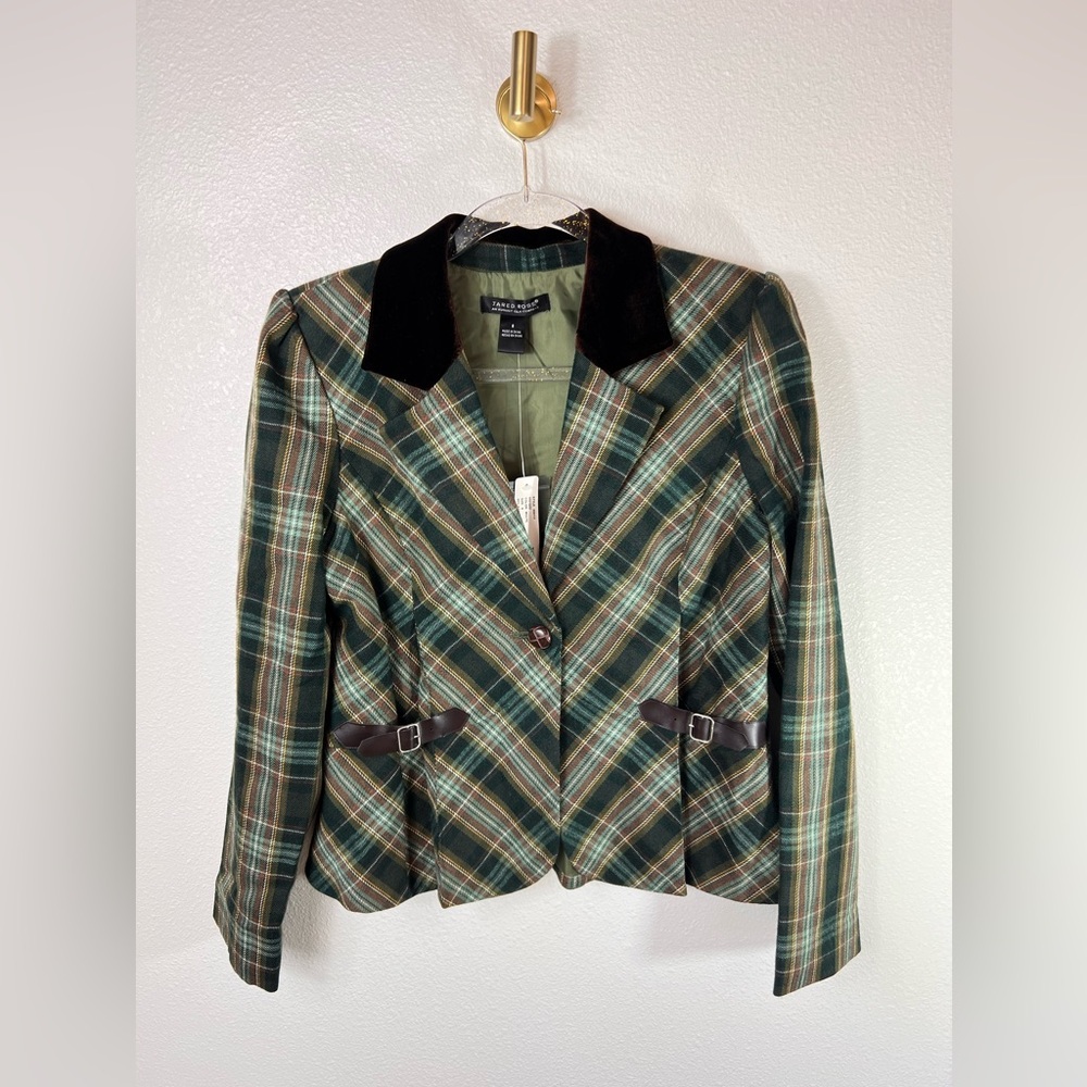 Faux Leather-Trim Plaid Blazer - Green Plaid